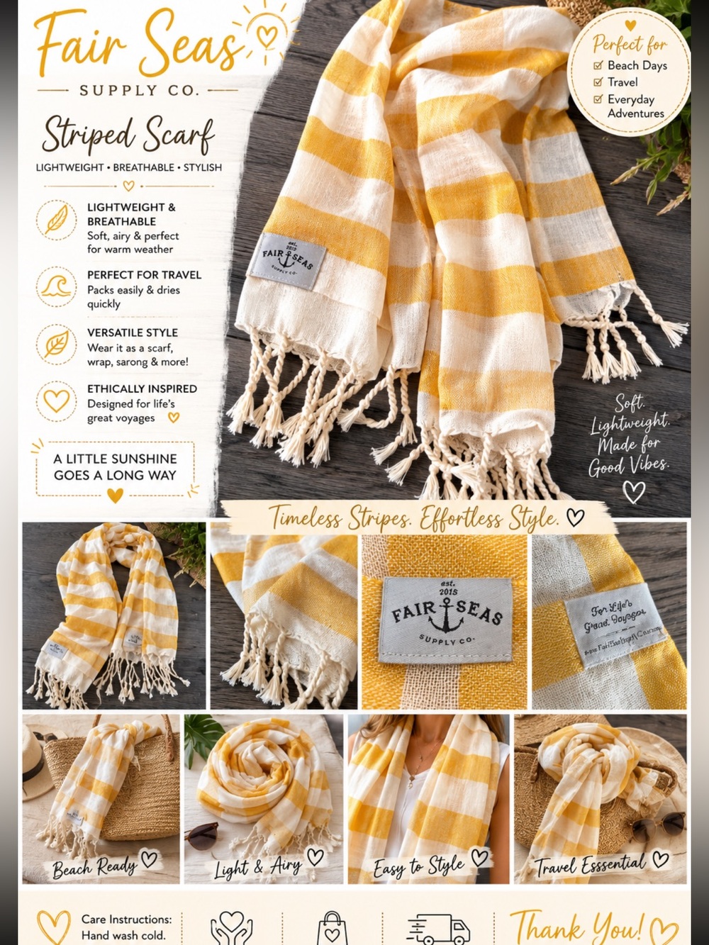 Fair Seas Supply Company-Yellow and White Striped scarf/towel/beach Wrap